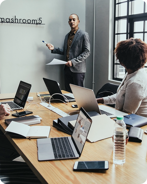 Modern meeting room with laptops